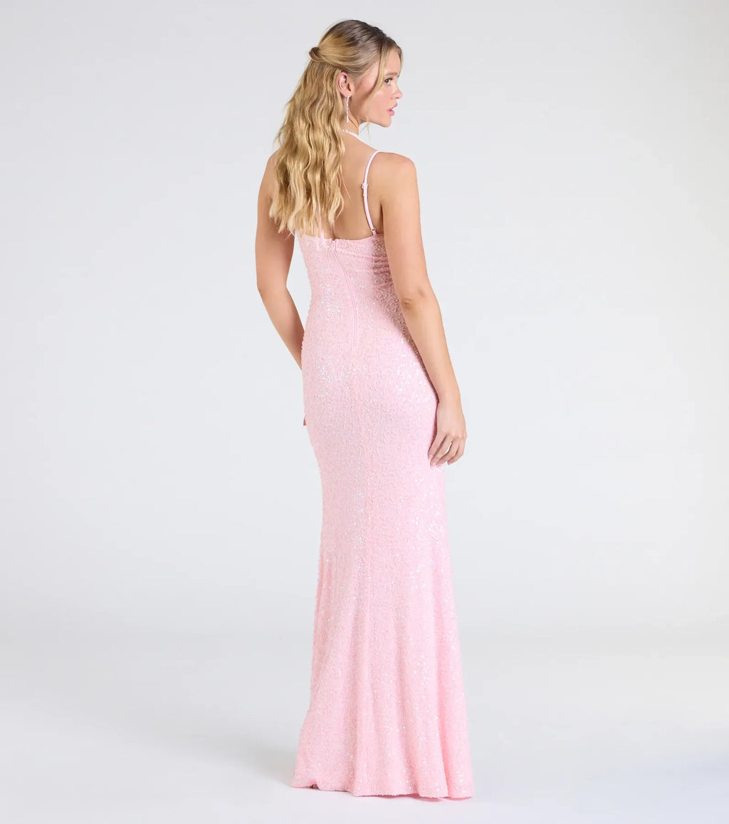 Kaitlyn Cowl Neck Slit Beaded Sequin Formal Dress