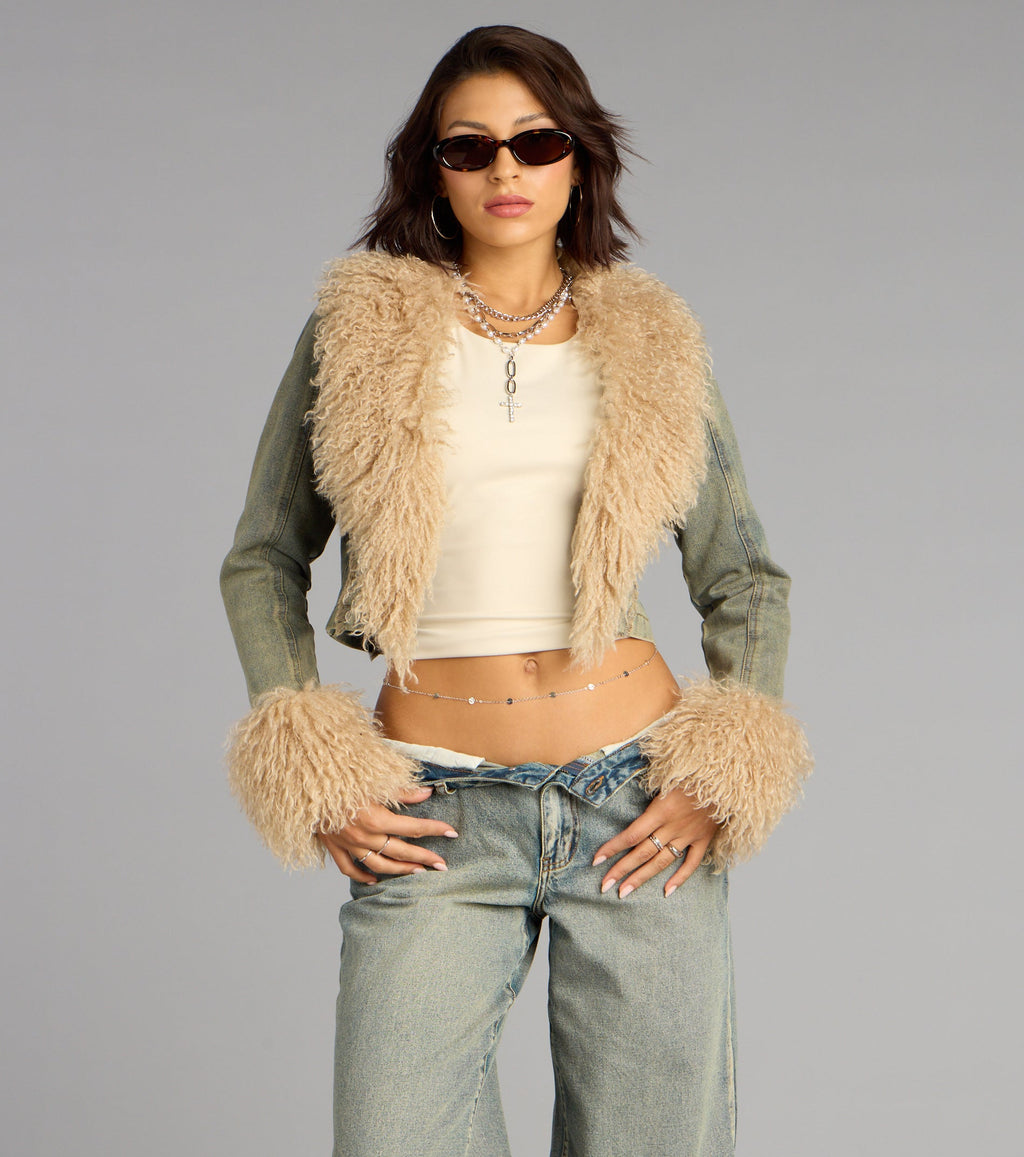 Scene Stealer Faux Fur Crop Denim Jacket
